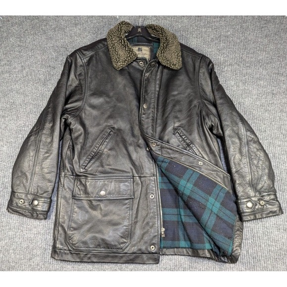 VTG Gap Leather Jacket Mens Medium‎ Black Full Zip Blanket Lined Sherpa Collar - Picture 1 of 13